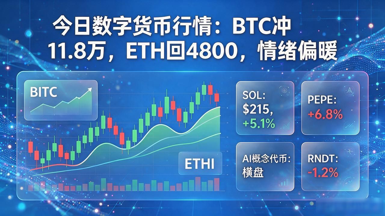 今日数字货币行情：BTC冲11.8万，ETH回4800，情绪偏暖