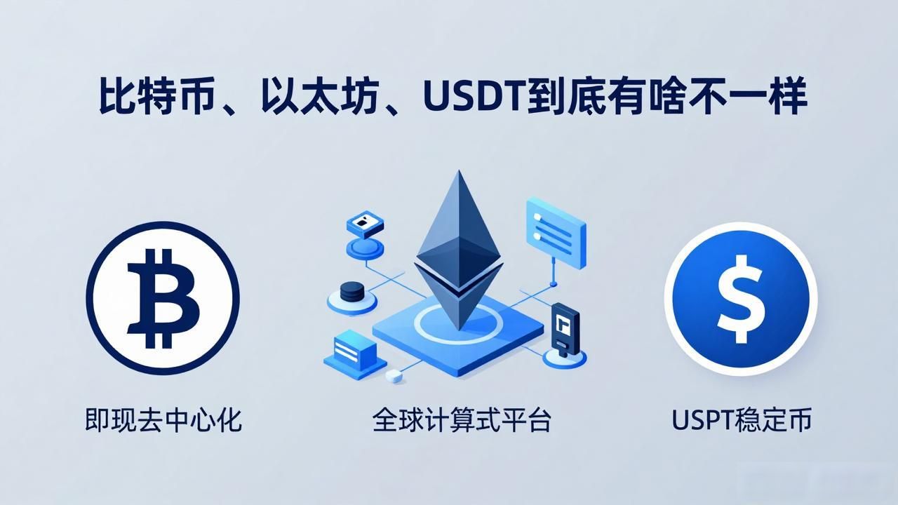 比特币、以太坊、USDT到底有啥不一样